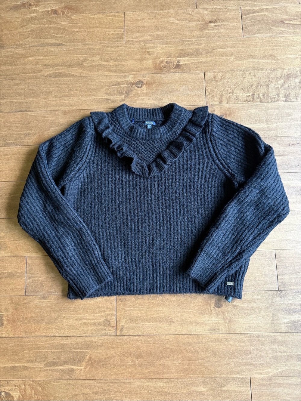 Buffalo David Bitton Black Ruffled Neck Ribbed Sweater